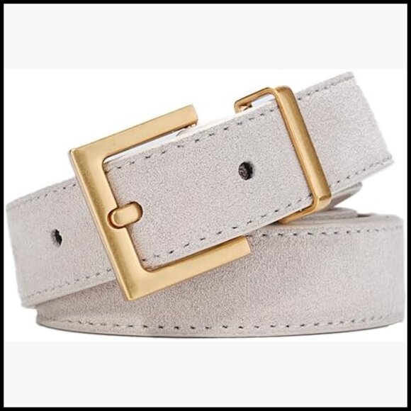 Suede Leather Belt with Gold Square Buckle, Adjustable for Dresses & Jeans